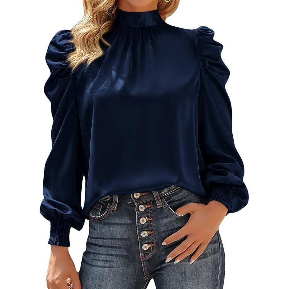 MSRP $23 BTFBM Women's XL Navy High Neck Long Sleeve Satin Blouse Dressy Puff