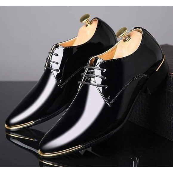 Santimon Men's US 8 Black Patent Leather Lace Up Pointed Toe Oxford Shoes