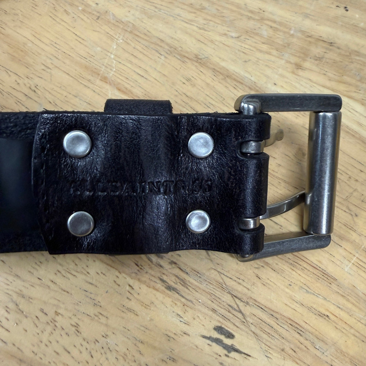 AllSaints Men's Black 1.5" 36 Distressed Leather Eyelet Belt, Metal Buckle