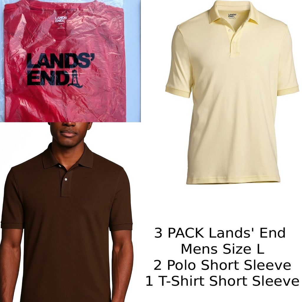 3 Pack Lands' End Mens L - Polos SS Rich Coffee, Golden Candle Light, T-Shirt SS