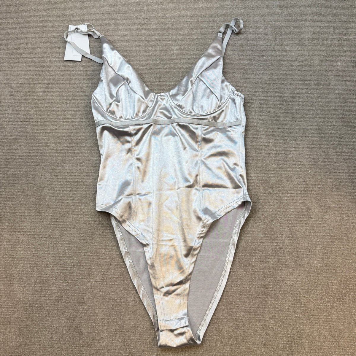 MSRP $31 Velius Women's L Sexy Silver Metallic Shiny Bodysuit Tank Top for Night