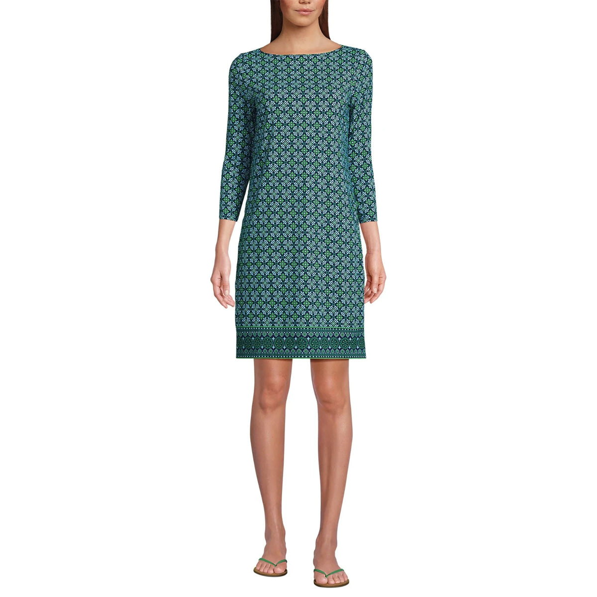 Lands' End Women's M-1X LONG Green 3/4 Sleeve Boatneck Swim Cover-up Dress