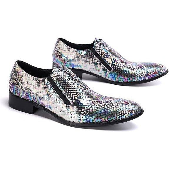 Santimon Men's US 6 Multi Purple Snake Print Leather Slip On Loafers Dress Shoes