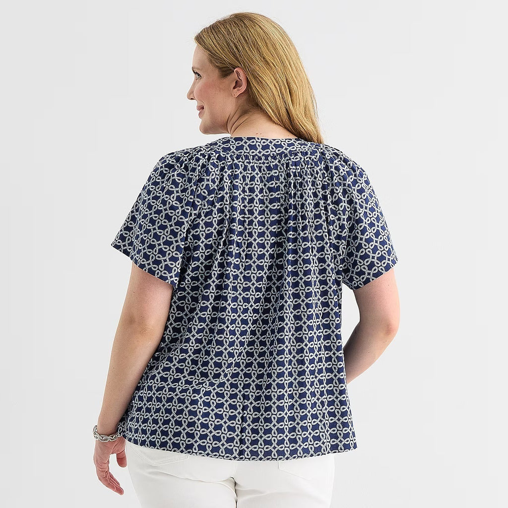 MSRP $38 St. John's Bay Womens XL Petite Navy Knots V Neck Blouse Short Sleeve