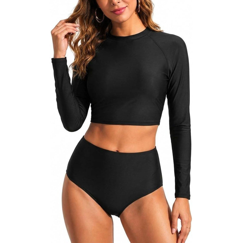 MSRP $44 Pinup Fashion Women's L Black Long Sleeve Rash Guard Swimsuit Crop Top