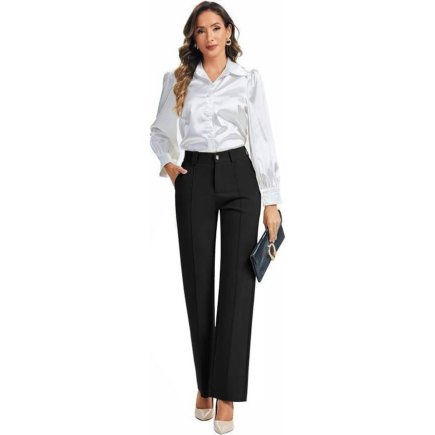 MSRP $59 FUNYYZO Women's L Black Stretchy Work Dress Pants Straight Leg Elastic