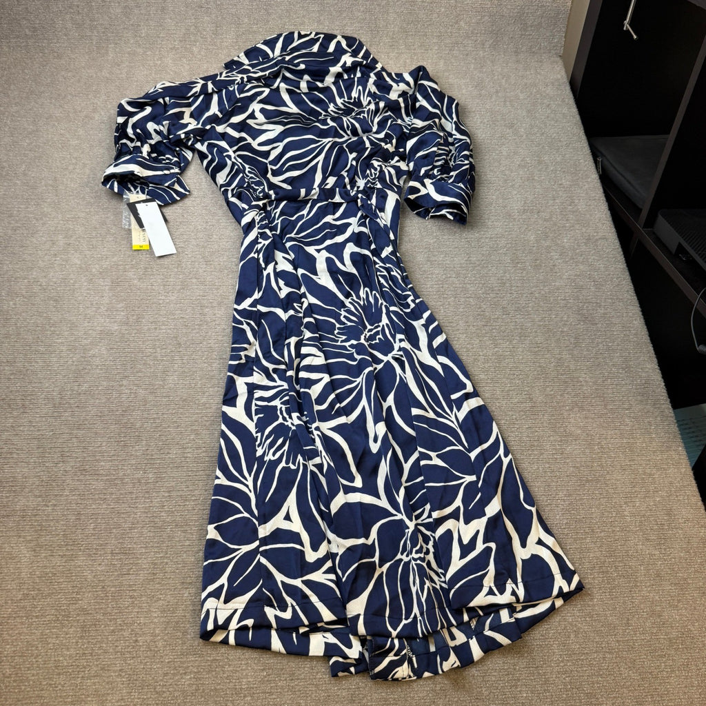 MSRP $79 52seven Womens M Navy Ivory Abstract Midi Dress V Neck 3/4 Sleeve