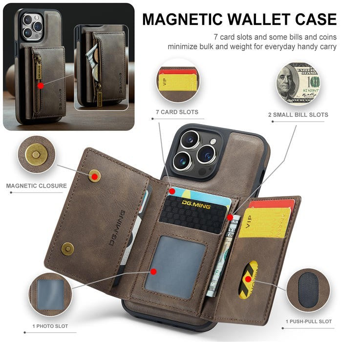 DG.MING M5 For iPhone 15 Pro Max Magnetic Detachable Zipper Wallet Case RFID Blo