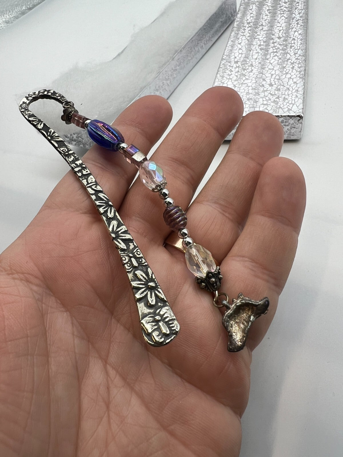Bookmark Dangle Beaded Metal Page Marker with Blue Charms
