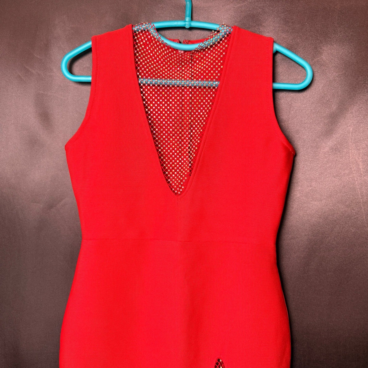 UONBOX Women's M Red Bandage V Neck Bodycon Sleeveless Split Mini Party Dress