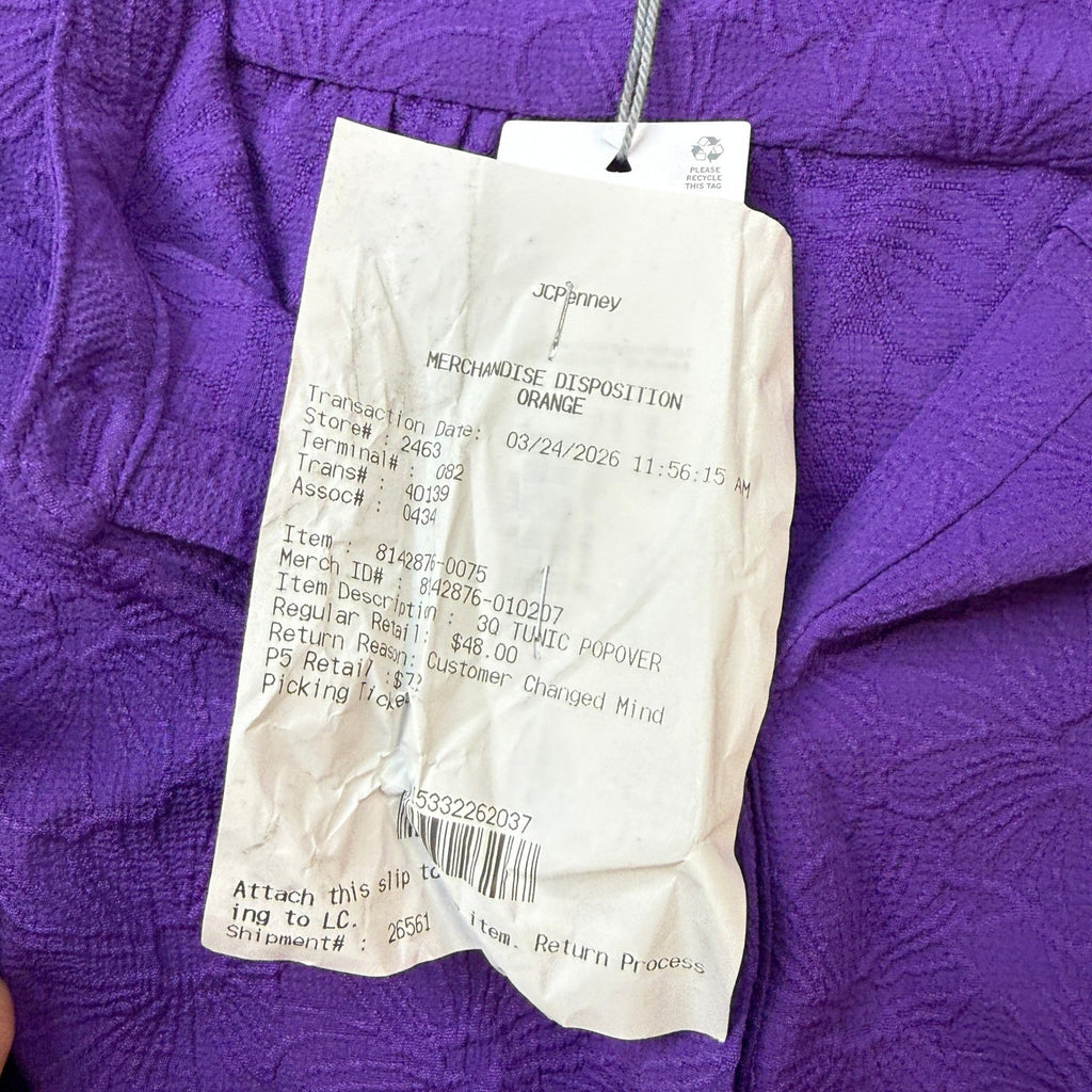 NWT Liz Claiborne Womens M Purple Floral Textured Knit Stretch Blouse Round Neck