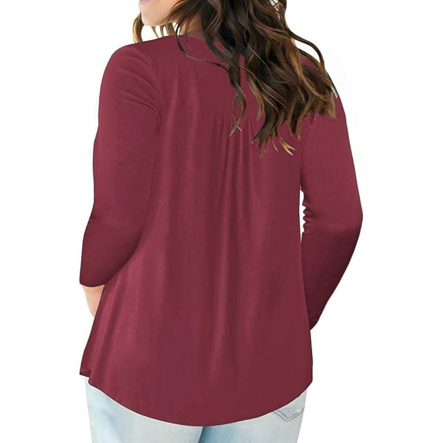 VISLILY Women's 24W Long Sleeve Henley Buttons Up Top Shirt Blouse Pleated Tun