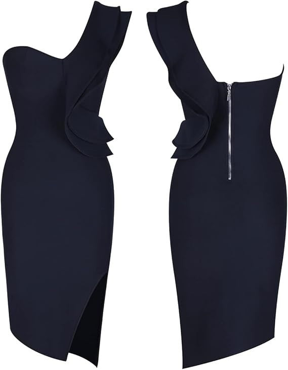 UONBOX Women's XS-M Black One Shoulder Sleeveless Side Split Dress Bandage Knee