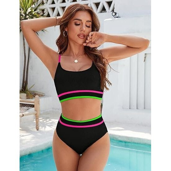 MSRP $43 BMJL Women's Black S High Waisted Bikini Ribbed Two Piece Swimsuit Hi