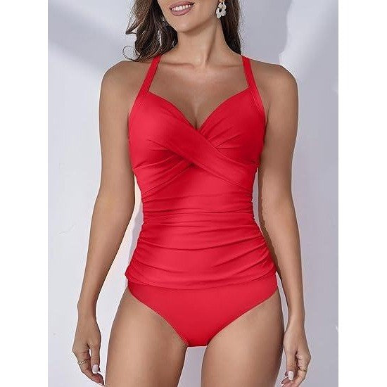 MSRP $51 B2prity Women's S Red Ruched Tankini Swimsuits Two Pieces V Neck Wrap