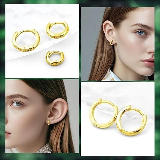 Set of 2 925 Silver 6mm Gold Color Huggie Hoop Earrings Cartilage Piercing Jewel