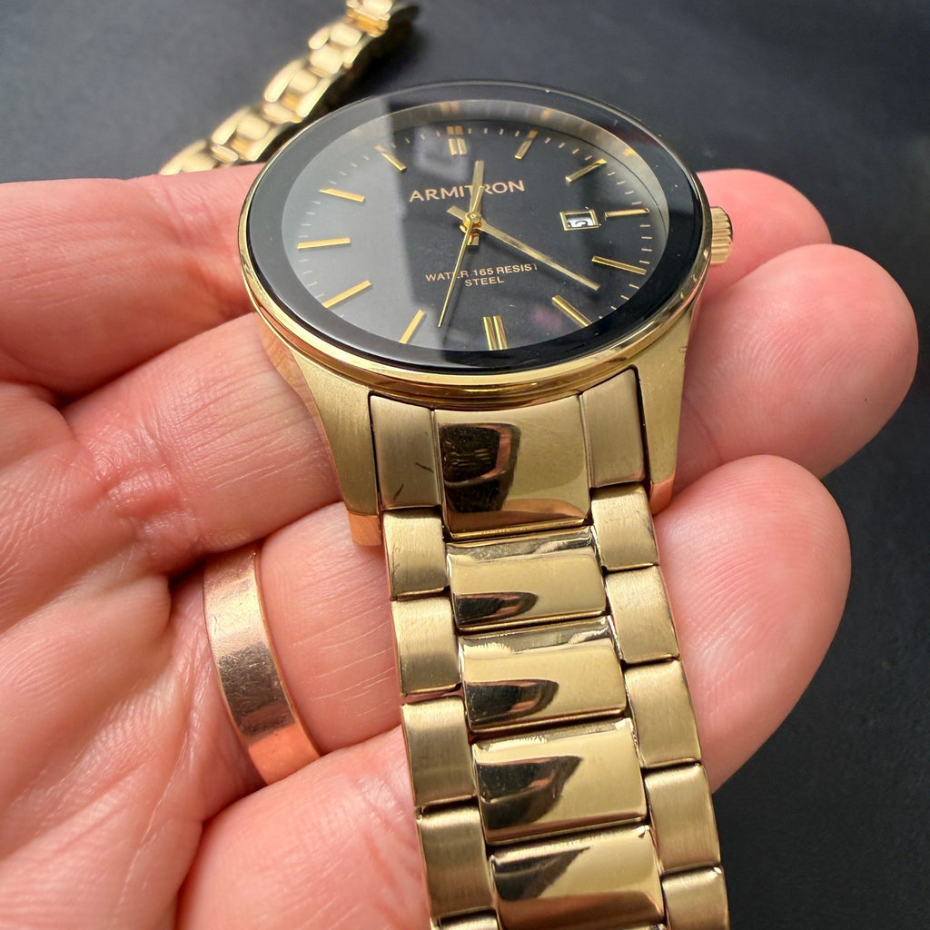 MSRP $105 Armitron Men's 20/5374GP Gold Tone Watch & Bracelet Set New Battery