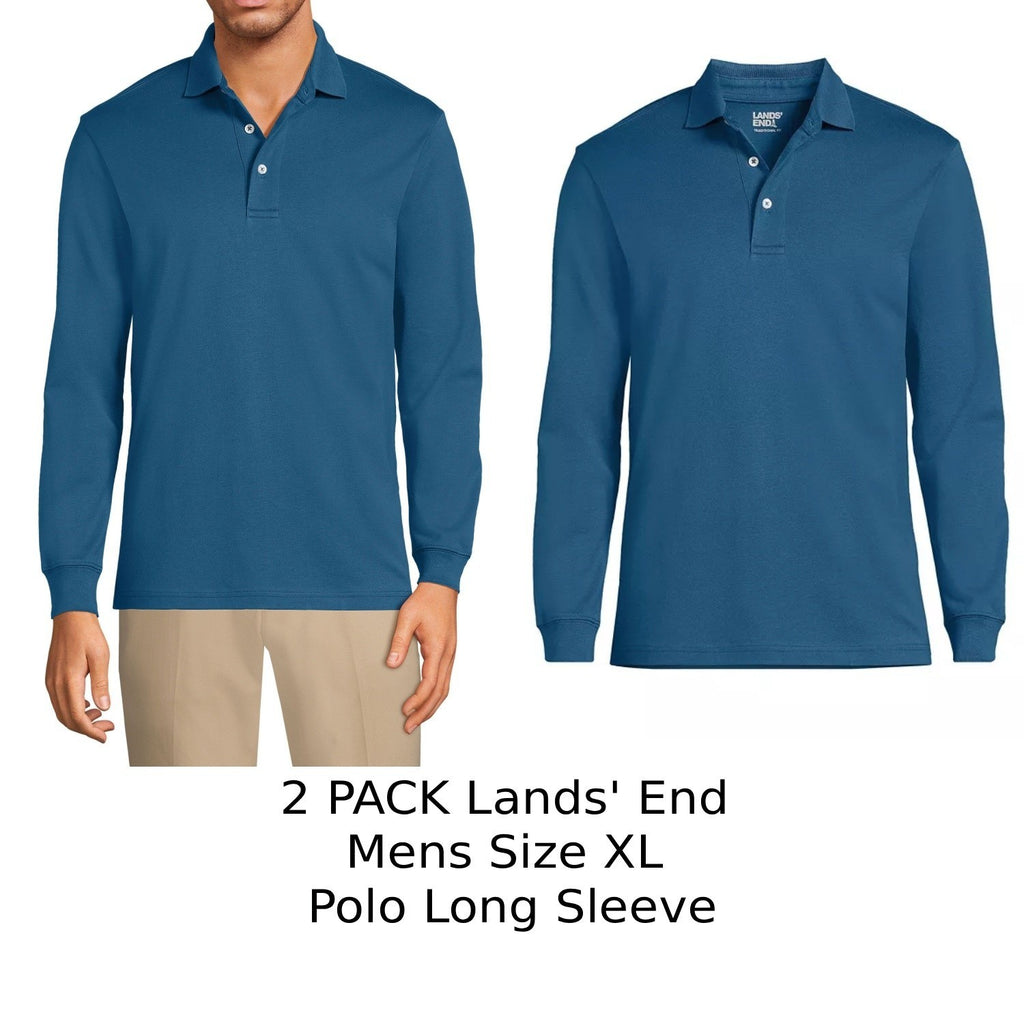2 Pack Lands' End Mens XL Evening Blue Polo Shirt Long Sleeve 100% Cotton Supima