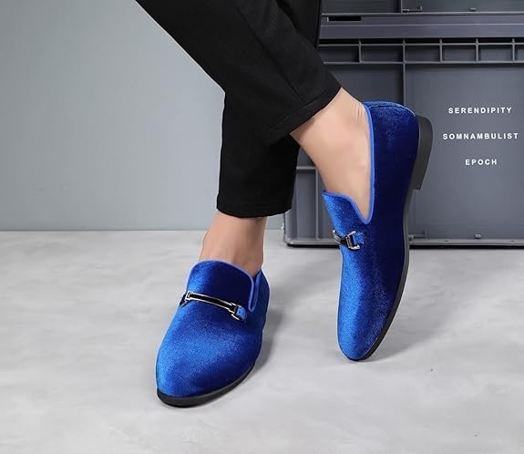 Santimon Men's US 6.5 - 12 Blue Velvet Loafers Horsebit Buckle Moccasin Shoes