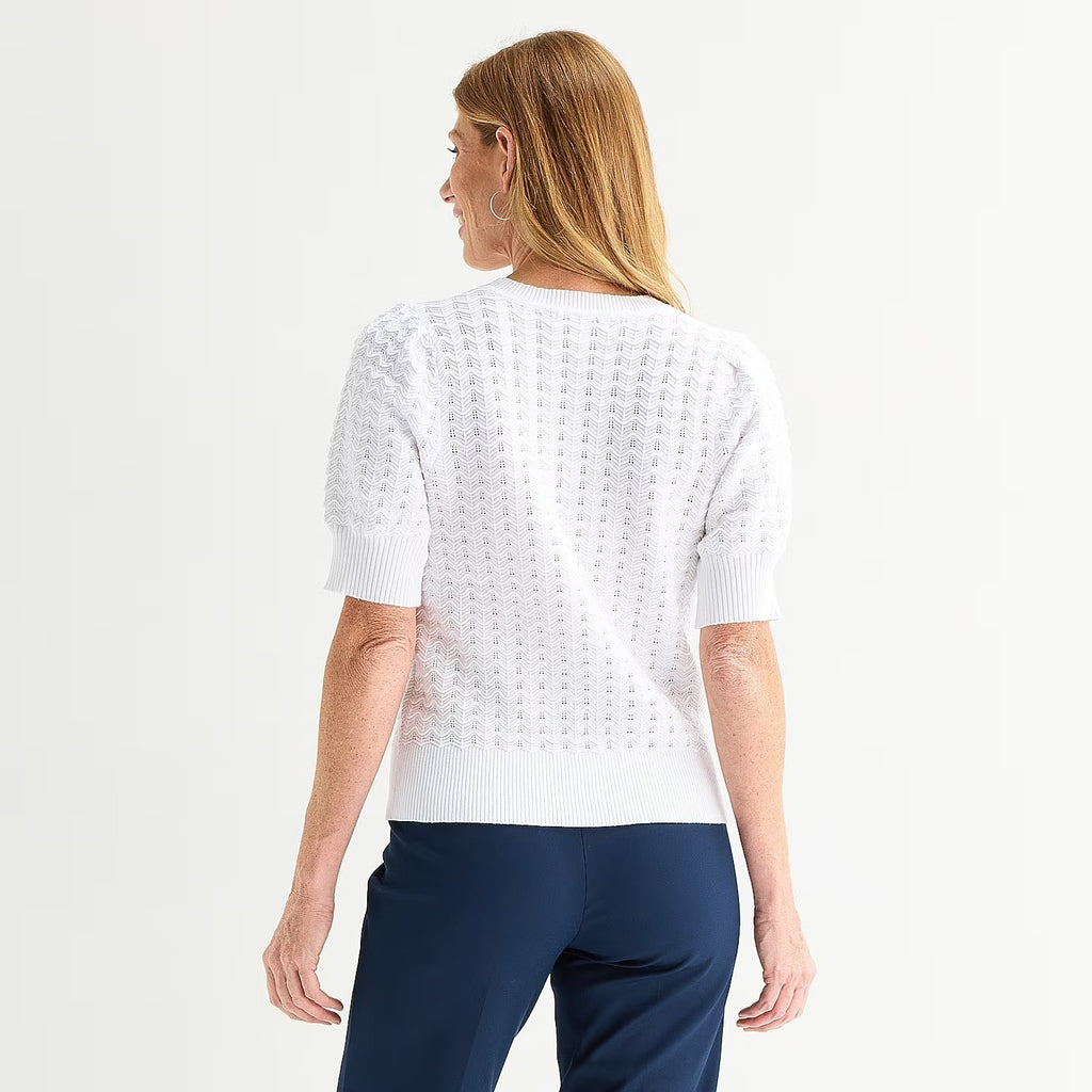 MSRP $44 Liz Claiborne Womens S Petite White Short Sleeve Pullover Sweater Crew