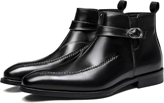 Santimon Men's US 7.5, 12 Black Leather Buckle Strap Zipper Ankle Dress Boots