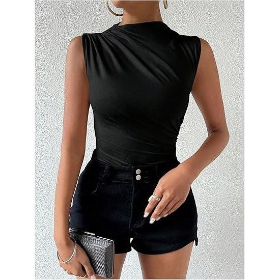 MSRP $30 Milumia Women's XL Black Ruched Tank Top Sleeveless Mock Neck Bodysu