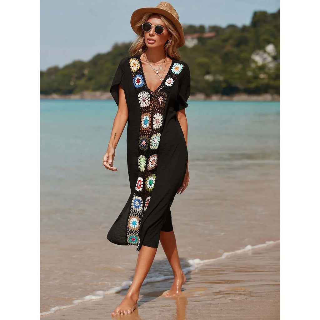 Women's Black One Size Swim Summer Cover-Up Dress w/ Floral Crochet