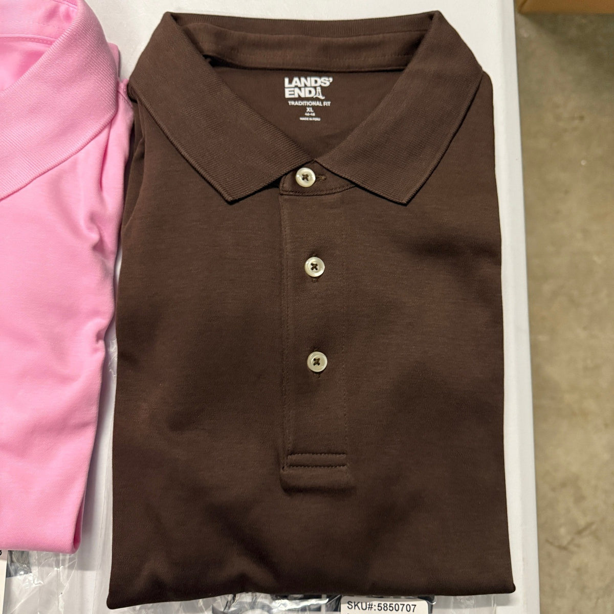 2 Pack Lands' End Mens XL Polo Short Sleeve - Rich Coffee & White/Pink Striped