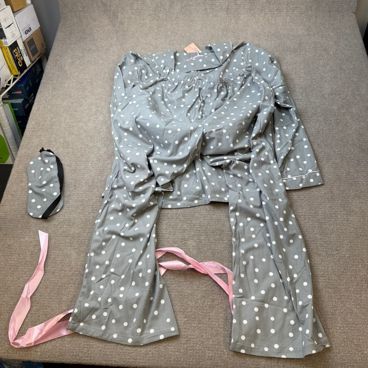 NWT White Mark Women's L Grey Polka Dots 3 Piece Long Sleeve Pants Pajama Set