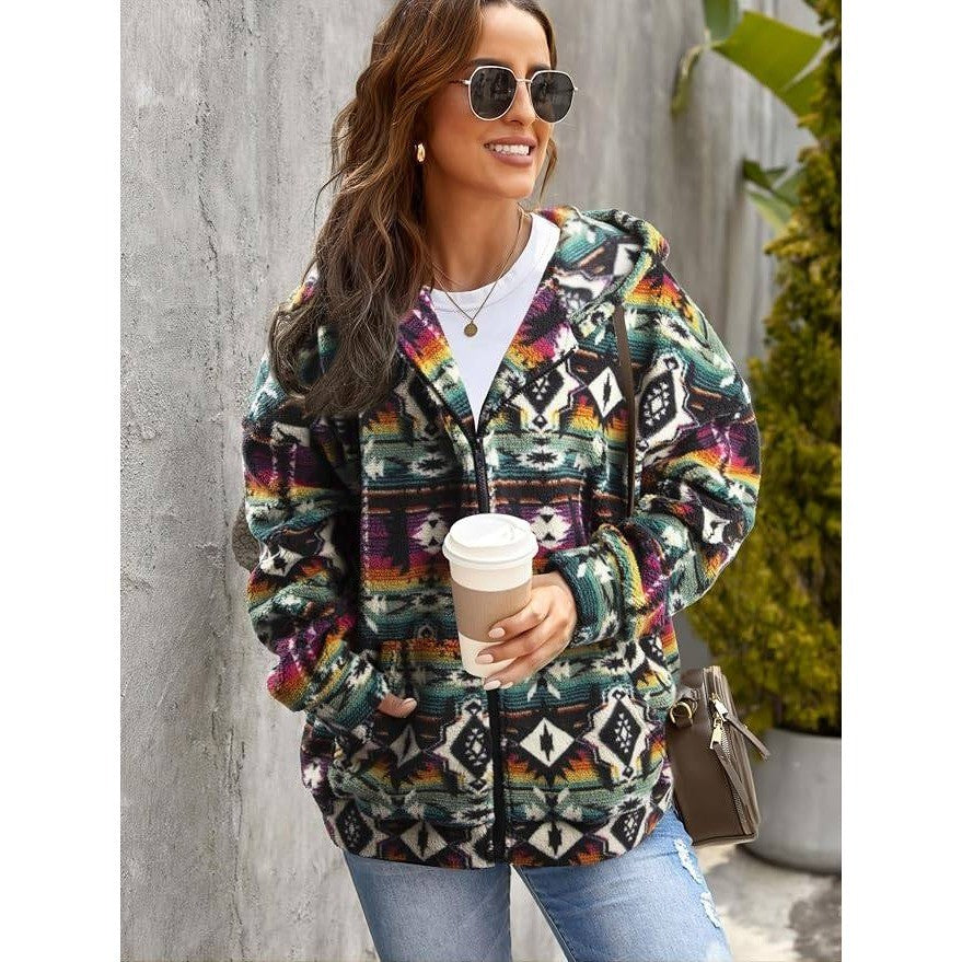 MSRP $35 LUKYCILD Women's S Western Aztec Print Zip up Hoodie Sweatshirt Sherpa