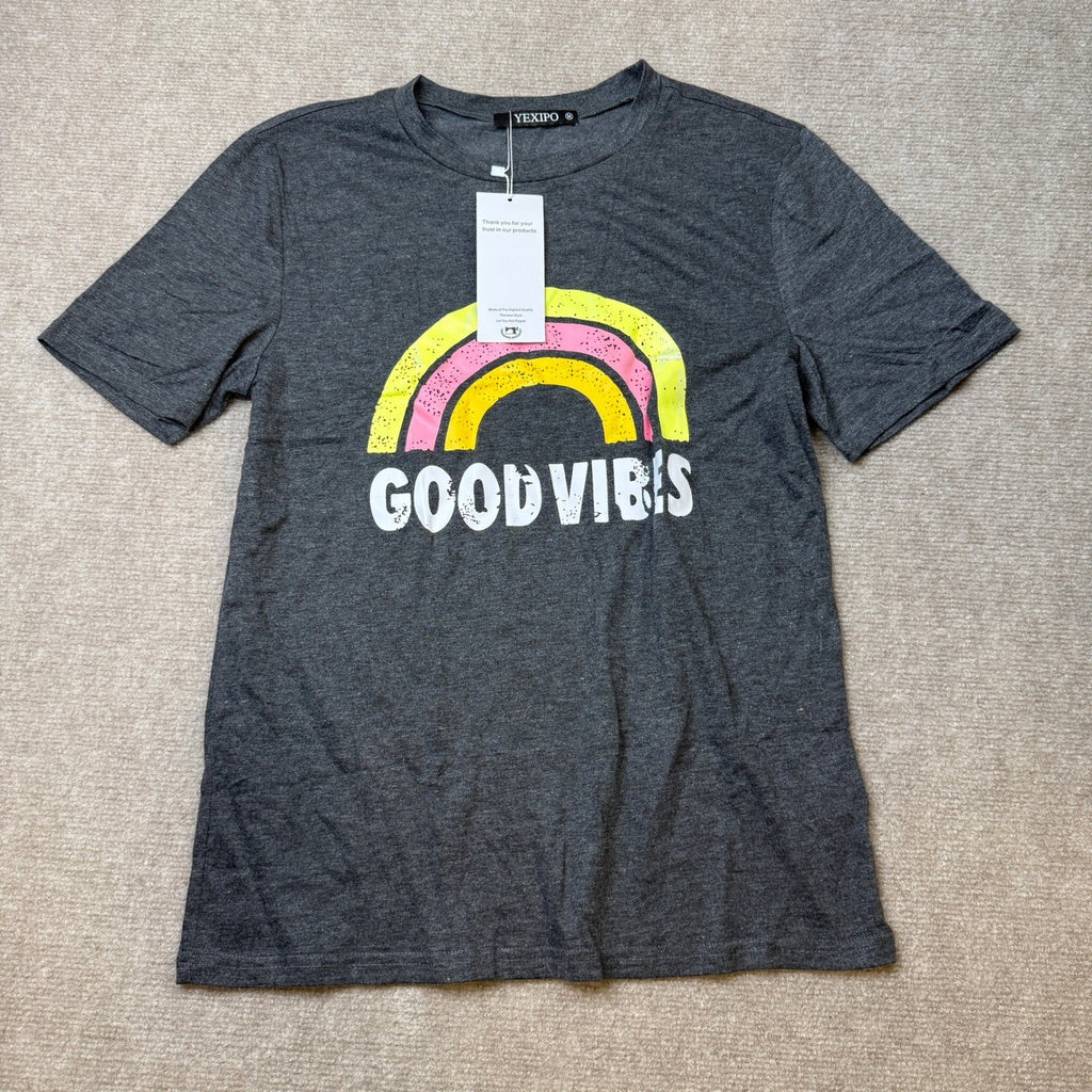YEXIPO Women's M Good Vibes Graphic T-Shirt Short Sleeve Crew Neck Loose Fit Te