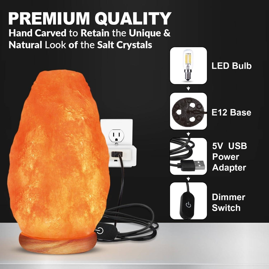 WBM USB Himalayan Salt Lamp with Touch Dimmer Control, Wooden Base, LED Bulb