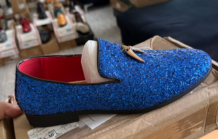 Santimon Men's US 9.5 Blue Glitter Sequin Slip On Loafers Tuxedo Suit Shoes