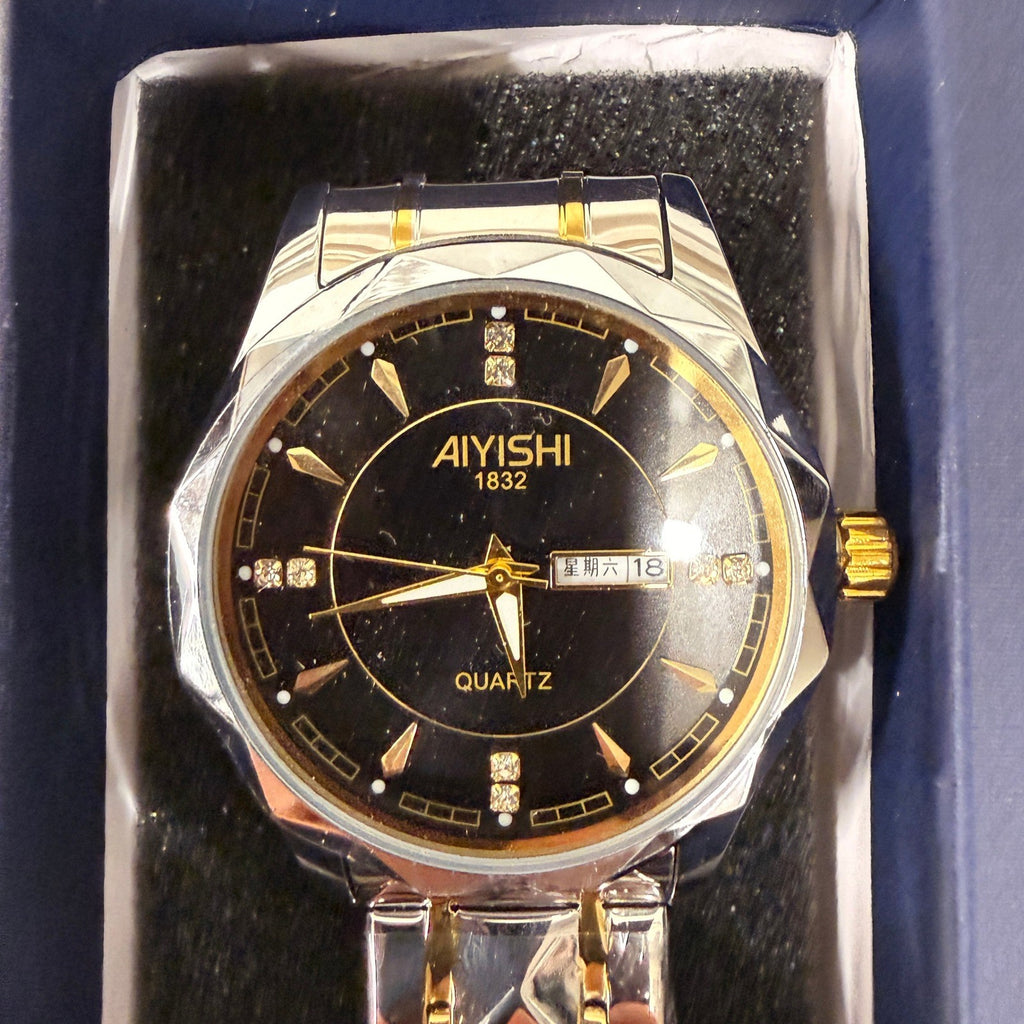 Dofia Xiaoya Aiyishi 1832 Men's Two Tone Stainless Steel Quartz Watch Black Dia