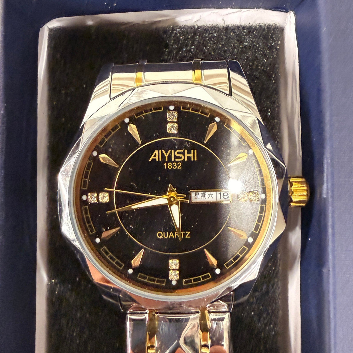 Dofia Xiaoya Aiyishi 1832 Men's Two Tone Stainless Steel Quartz Watch Black Dia