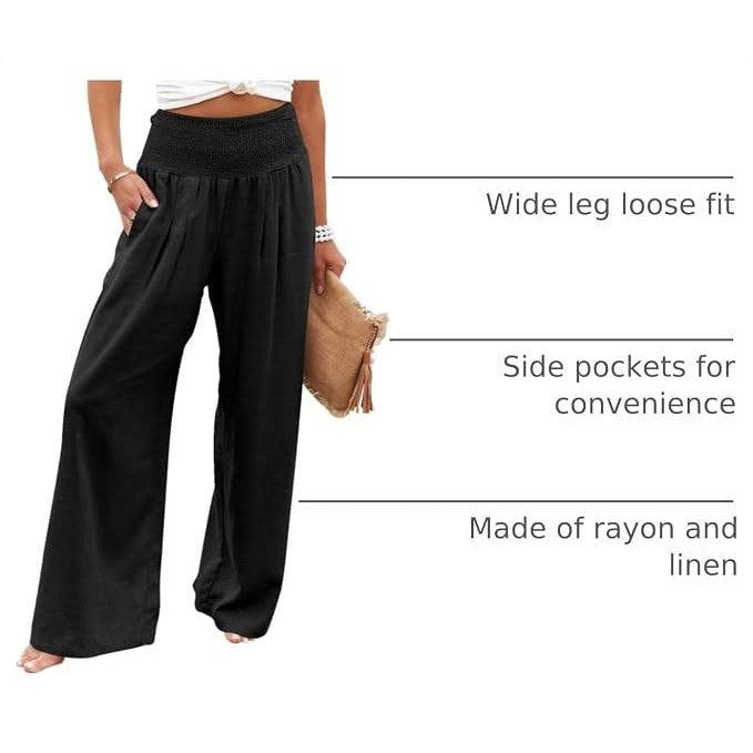 MSRP $36 ANRABESS Women's M Linen Palazzo Wide Leg Pants with Pockets Smocked