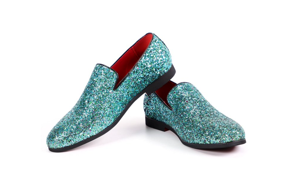 Santimon Men's US 7 - 12.5 Cyan Glitter Slip On Loafers Sequin Dress Shoes