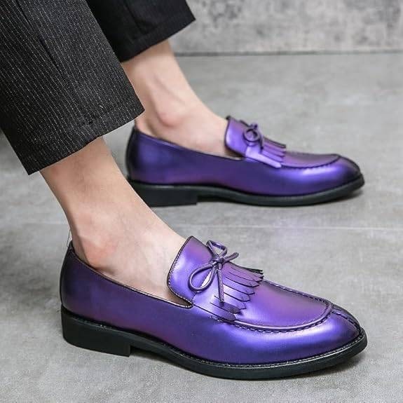 Santimon Men's US 8 Purple Moc Toe Kiltie Bow Slip On Loafers Casual Boat Shoes