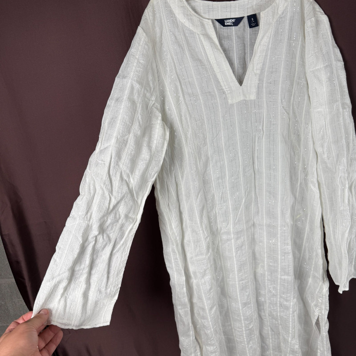 Lands' End Women's S-1X Texture V-Neck Long Sleeve Maxi Cover-up Dress