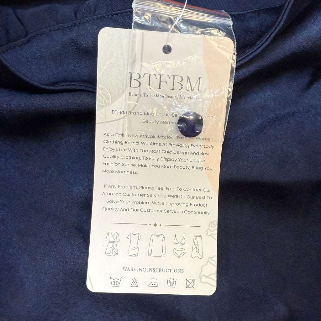 MSRP $23 BTFBM Women's XL Navy High Neck Long Sleeve Satin Blouse Dressy Puff