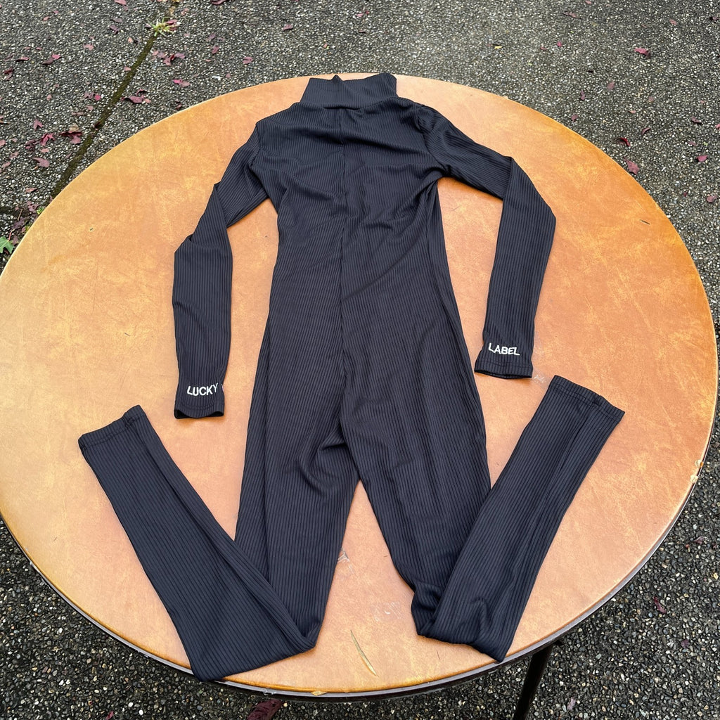Womens Lucky Label S, M Black Zipper High Neck Long Sleeve Jumpsuit Ribbed