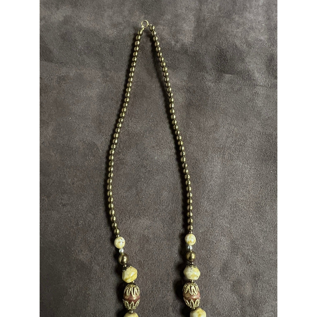 Vintage Czech Necklace Beige Yellow Marble Gold Glass Beads 14"
