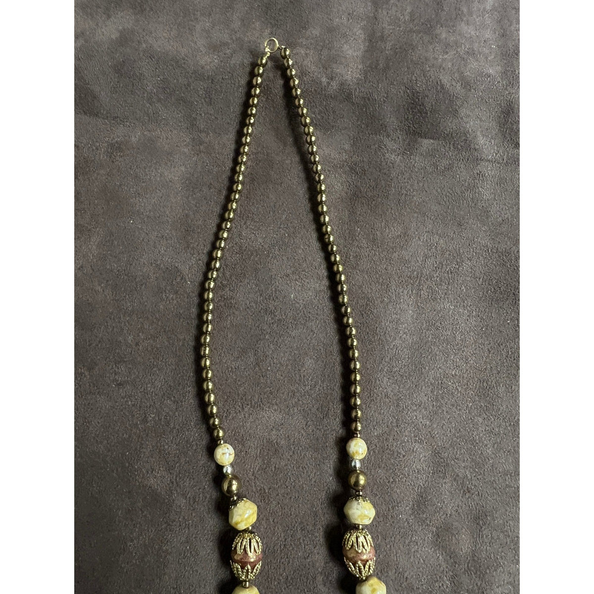 Vintage Czech Necklace Beige Yellow Marble Gold Glass Beads 14"
