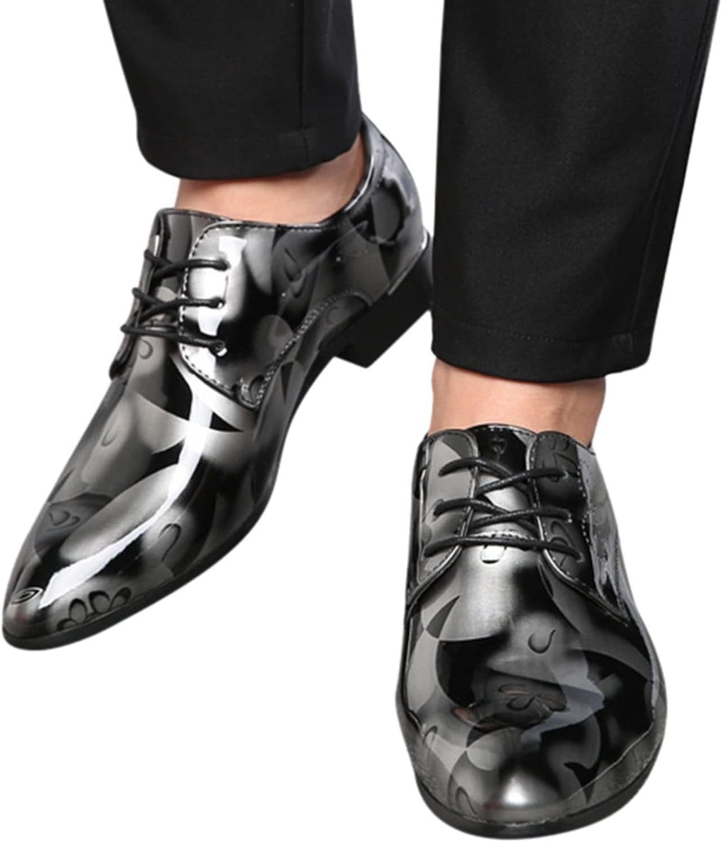 Santimon Mens US 9.5 Grey Floral Patent Leather Pointed Toe Oxford Shoes