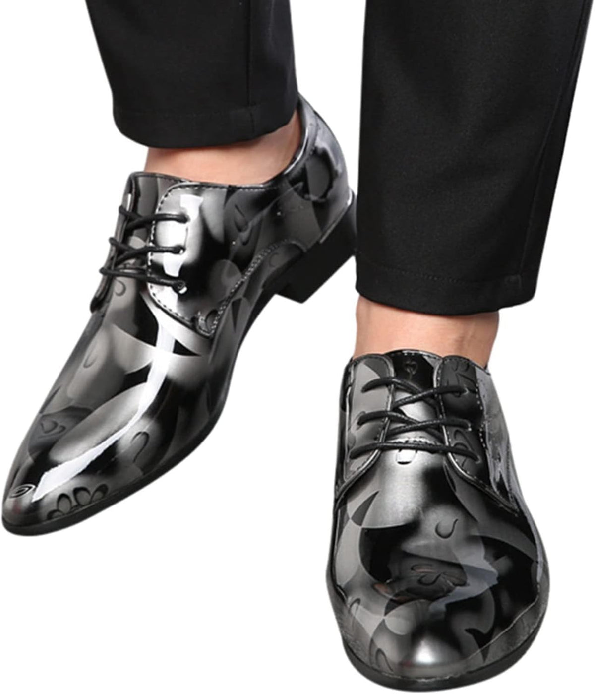 Santimon Mens US 9.5 Grey Floral Patent Leather Pointed Toe Oxford Shoes