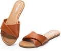 FITORY Women's US 6, 7 Brown Flat Sandals Soft Leather Slide Slippers Summer Fas