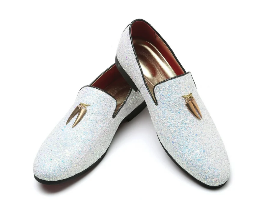Santimon Men's US 6.5 - 12.5 White Glitter Slip-on Metal Tassels Loafers Shoes