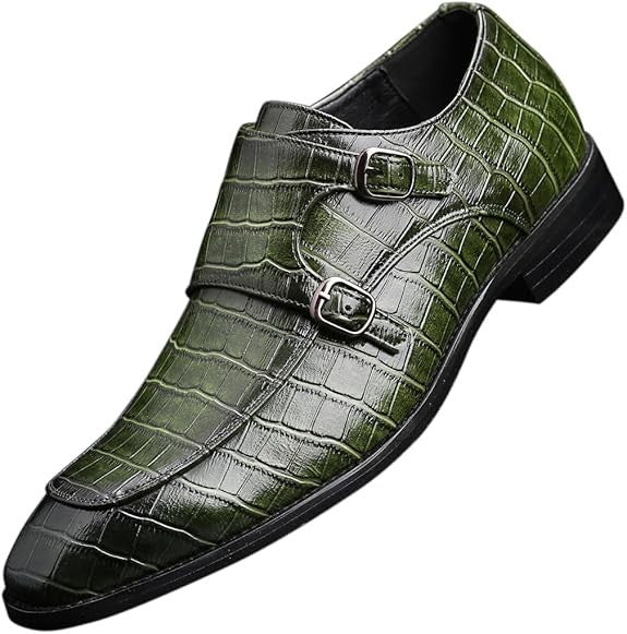 Santimon Men's US 7.5-8 Green Leather Double Monk Strap Slip on Loafer Shoes