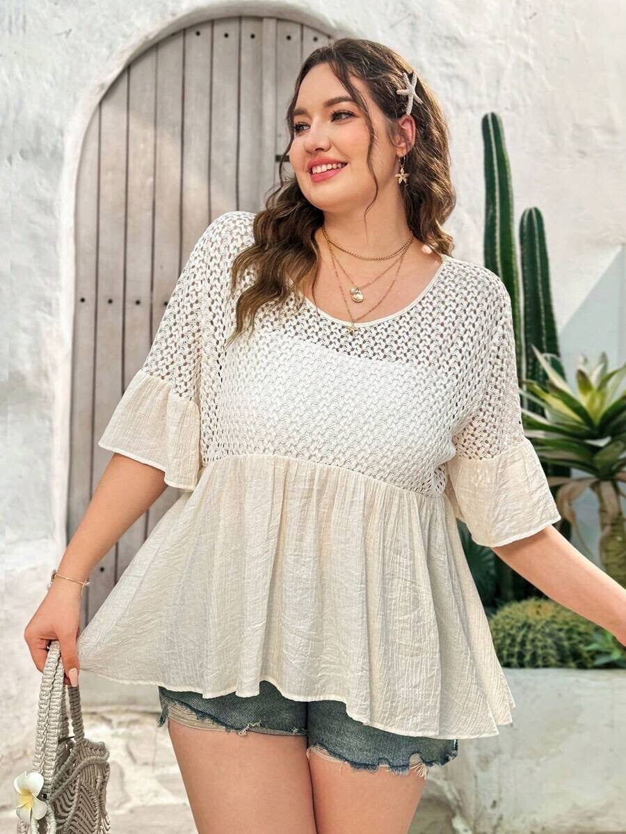 Dreamara Women's Plus Size 1XL Apricot Knitted Ruffle Trim Blouse For Holiday Su