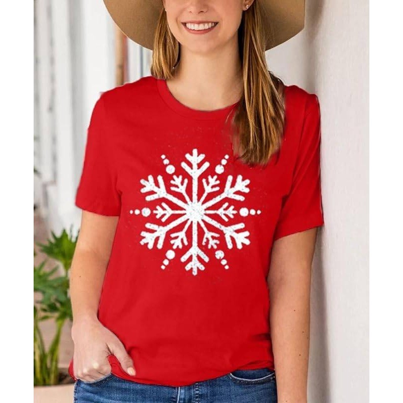 Wlizszu Women's XL Christmas T-Shirt Cute Snowflake Graphic Holiday Shirt Short